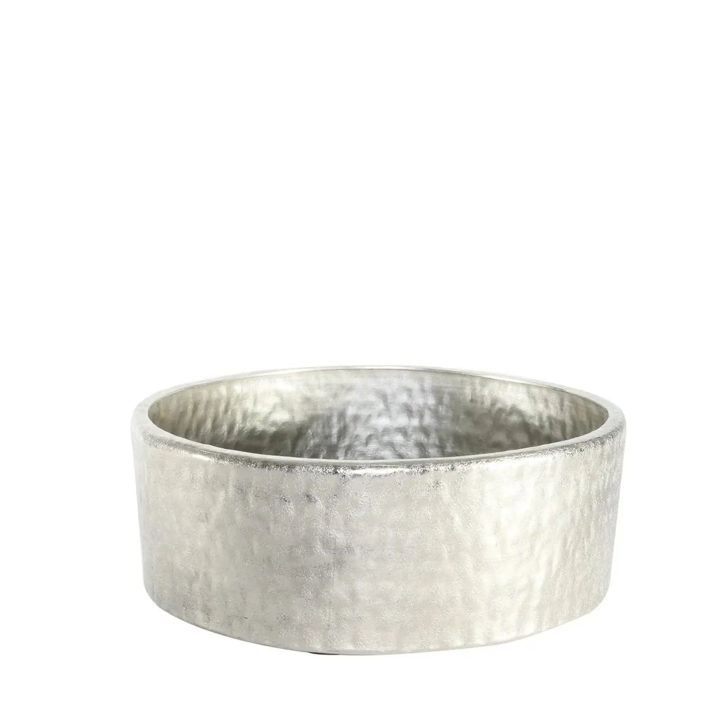 Hammered silver metal decorative bowl with textured finish on white background