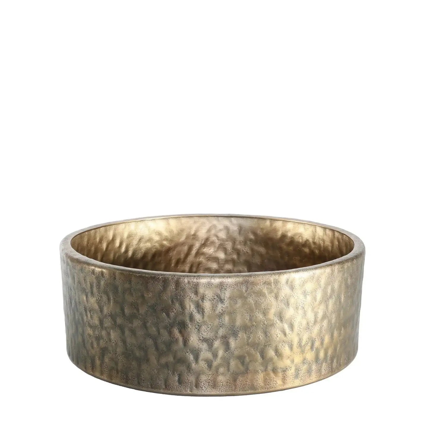 Gold hammered metal decorative bowl with brushed textured finish on white background