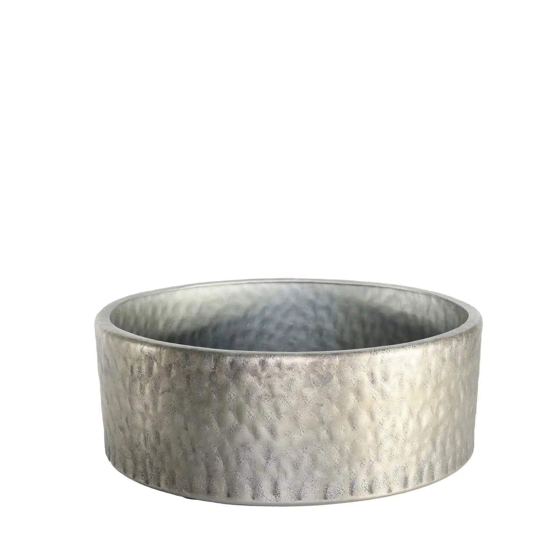 Hammered metal decorative bowl with a textured silver finish on white background
