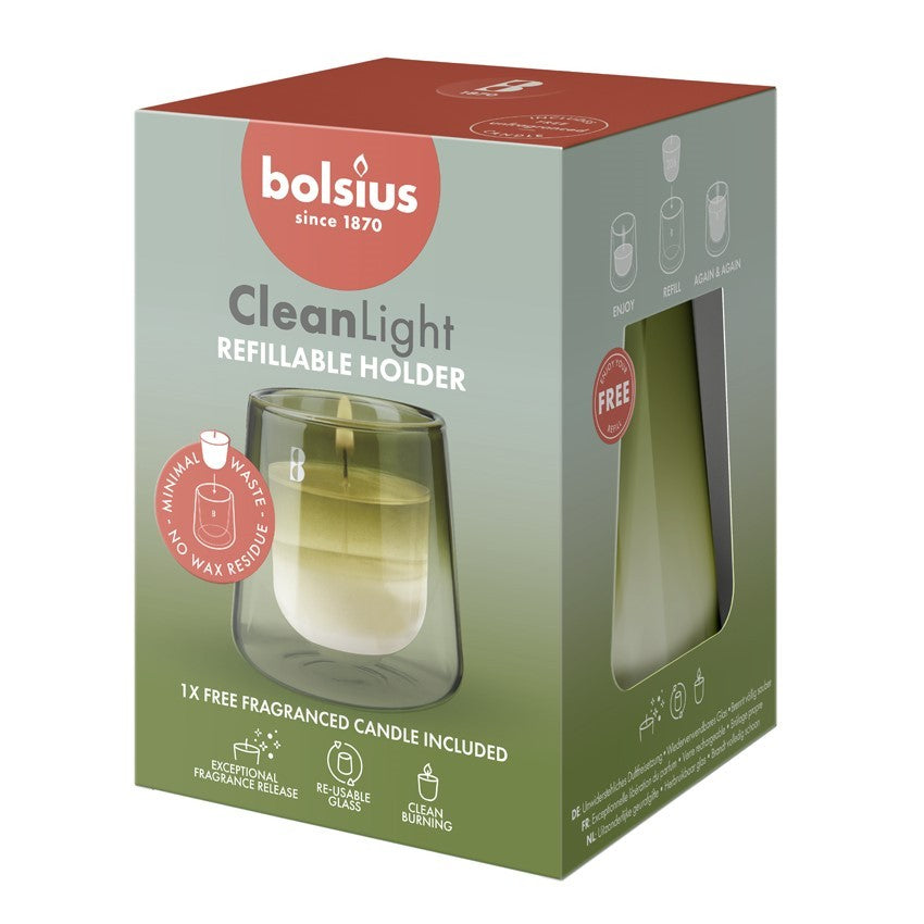 Green Glass Bolsius Clean Light Starter Kit - Gardenia and Fig