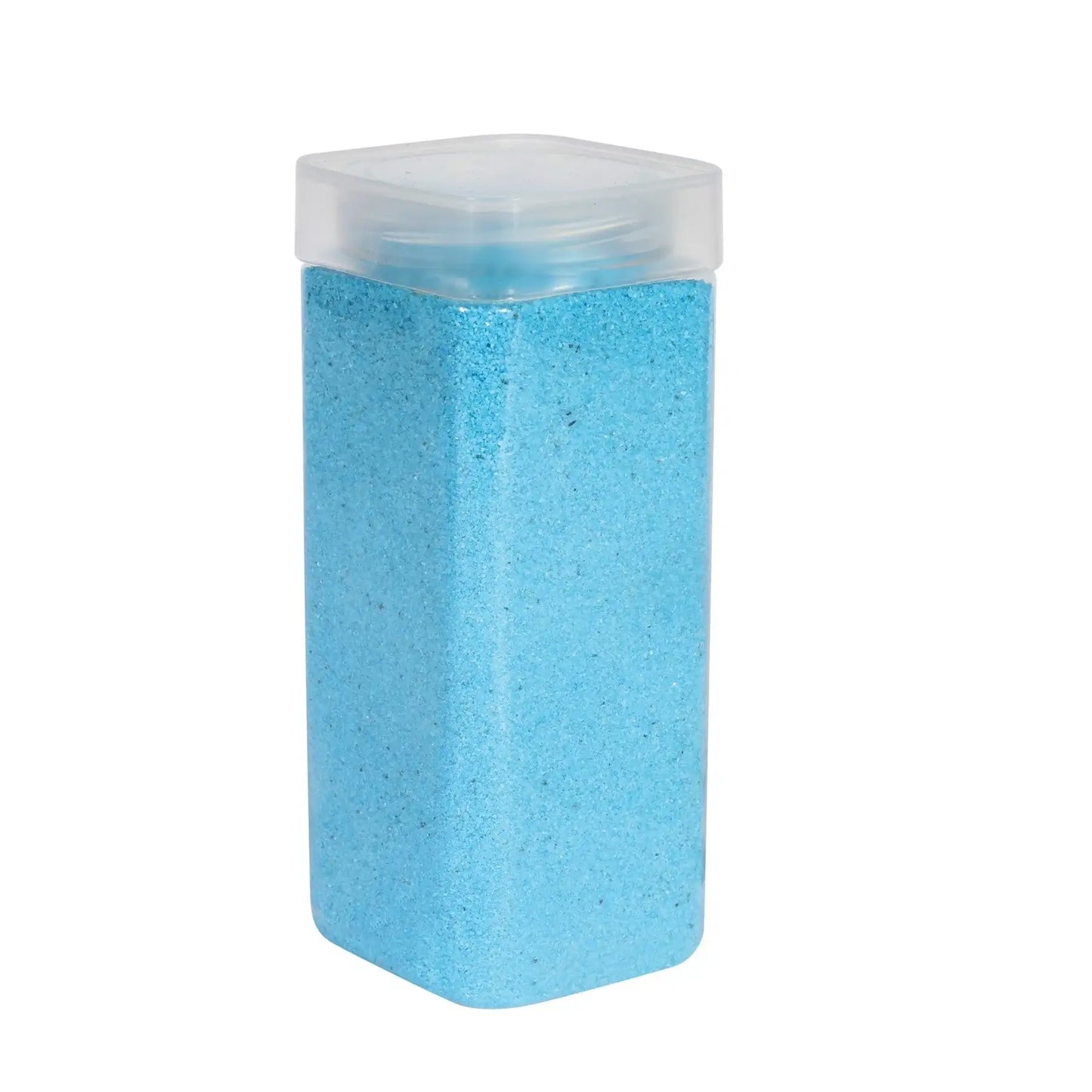 Clear plastic container filled with bright blue decorative craft sand