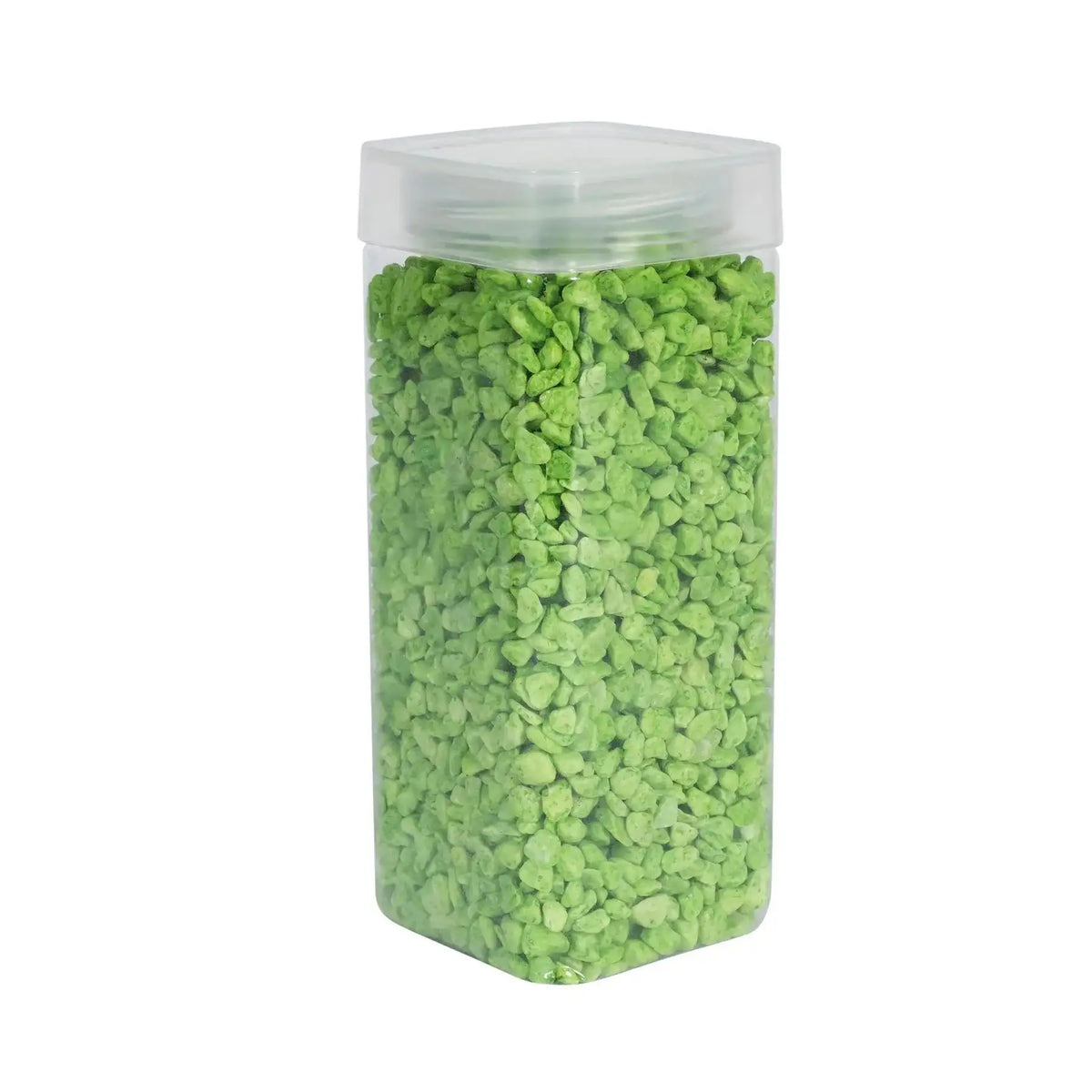Clear plastic container filled with bright green decorative gravel for crafts or décor