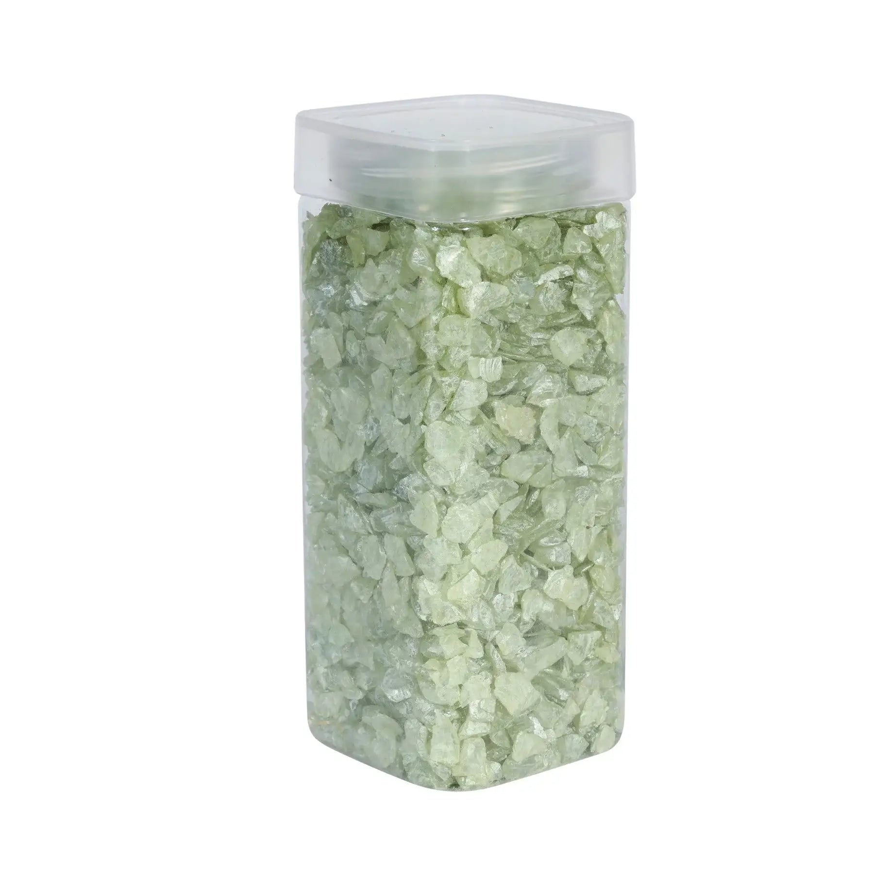 Clear plastic container filled with light green decorative glass stones