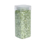 Clear plastic container filled with light green decorative glass stones