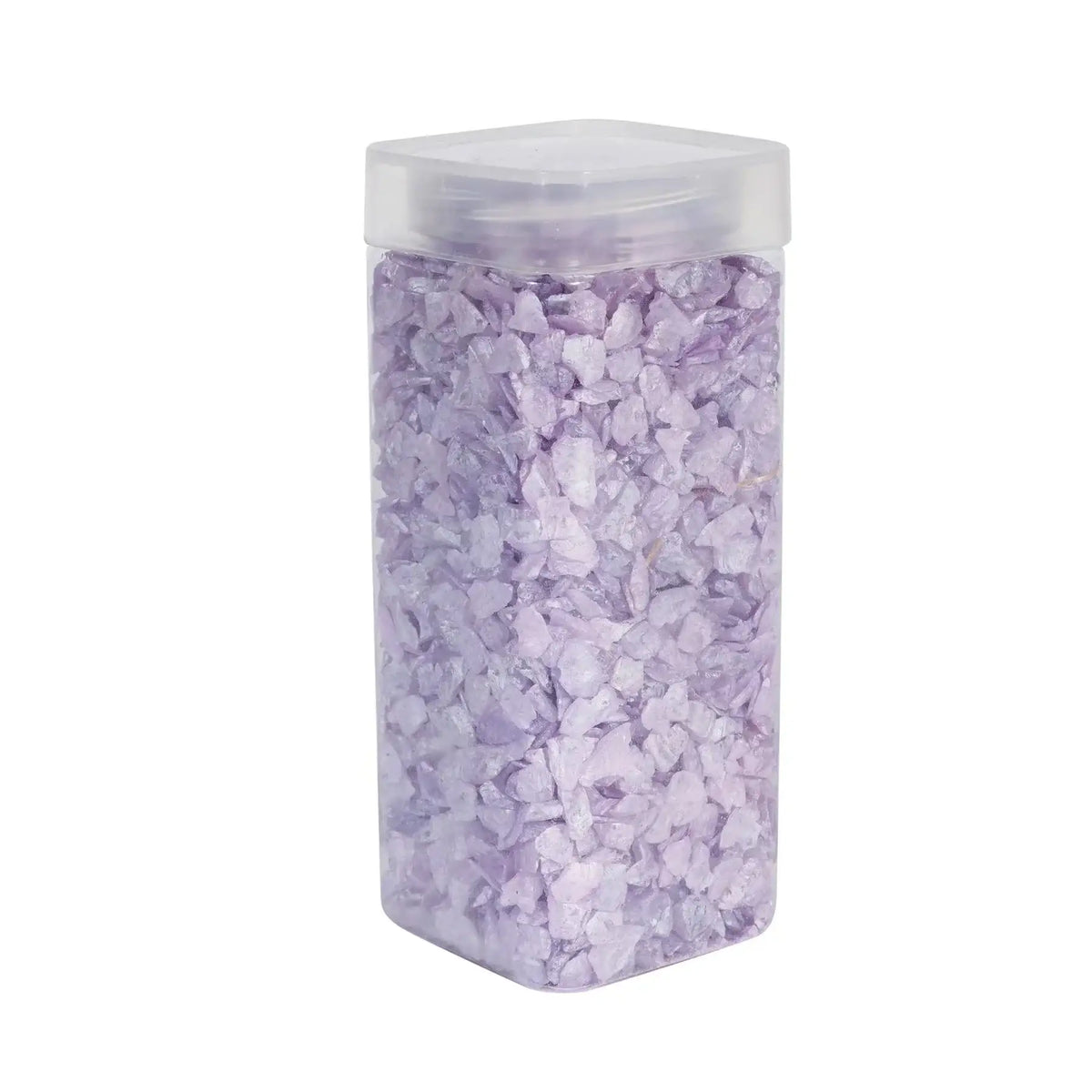 Plastic jar filled with purple decorative stones for home décor or gift arrangements