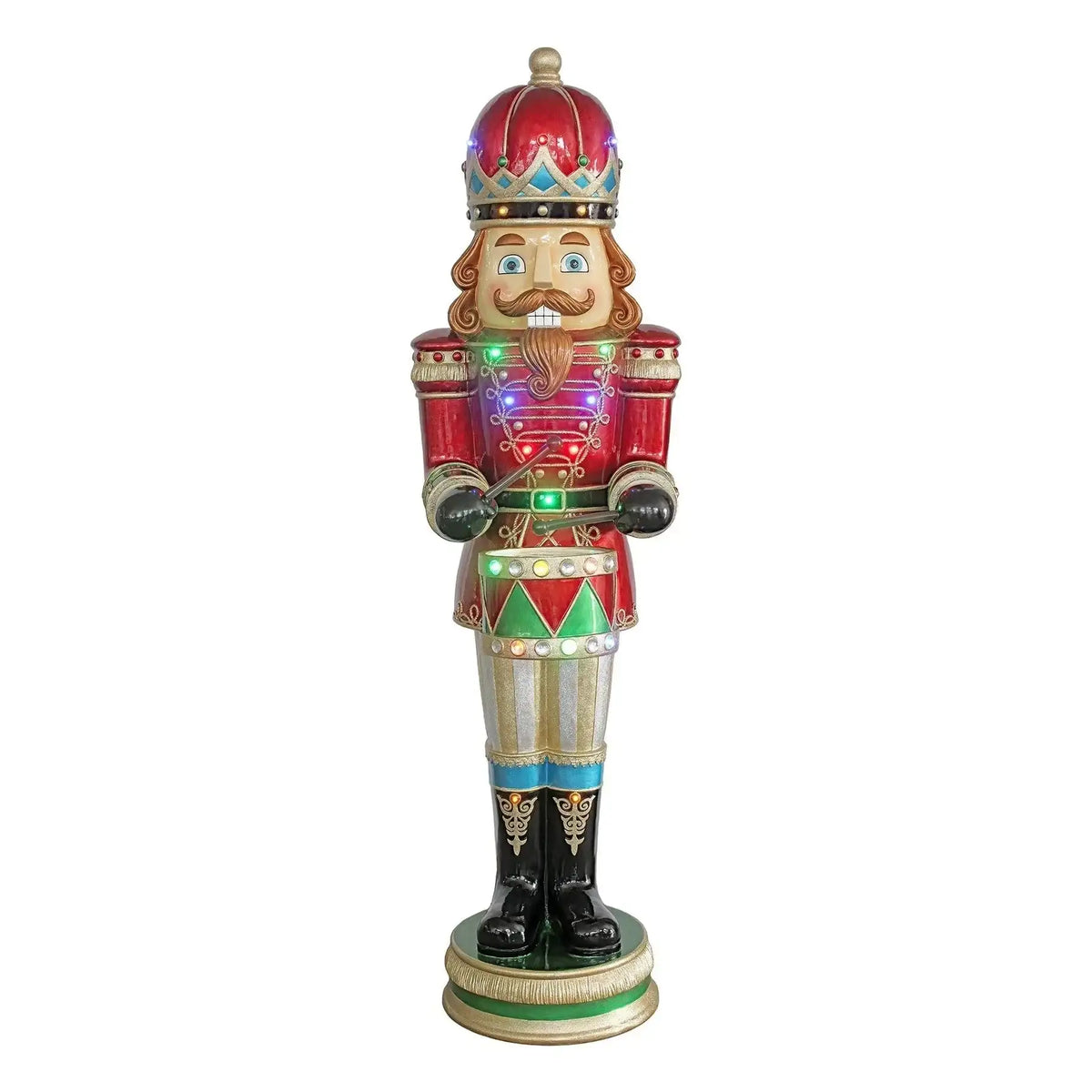 Colorful nutcracker holiday decoration with LED lights, festive red and green accents