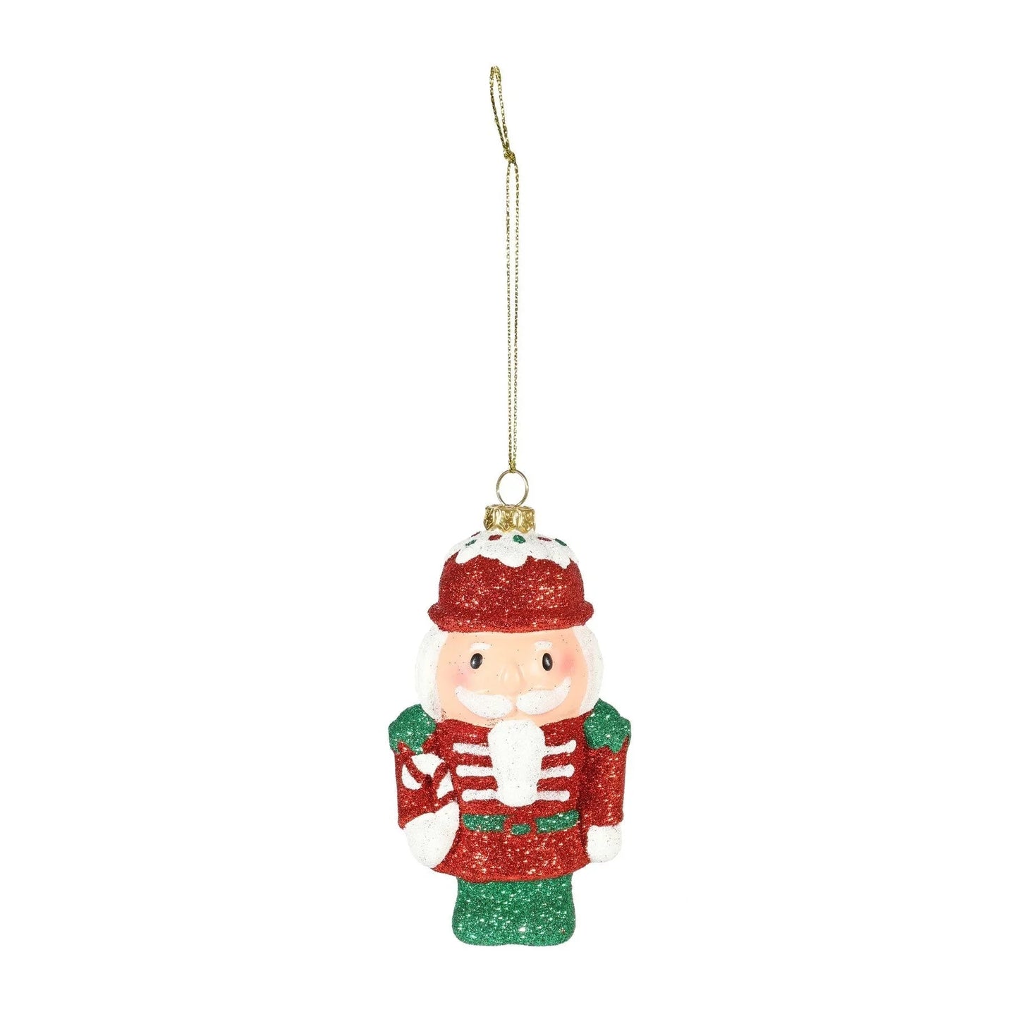 Glittery nutcracker Christmas ornament in red and green with gold hanging string