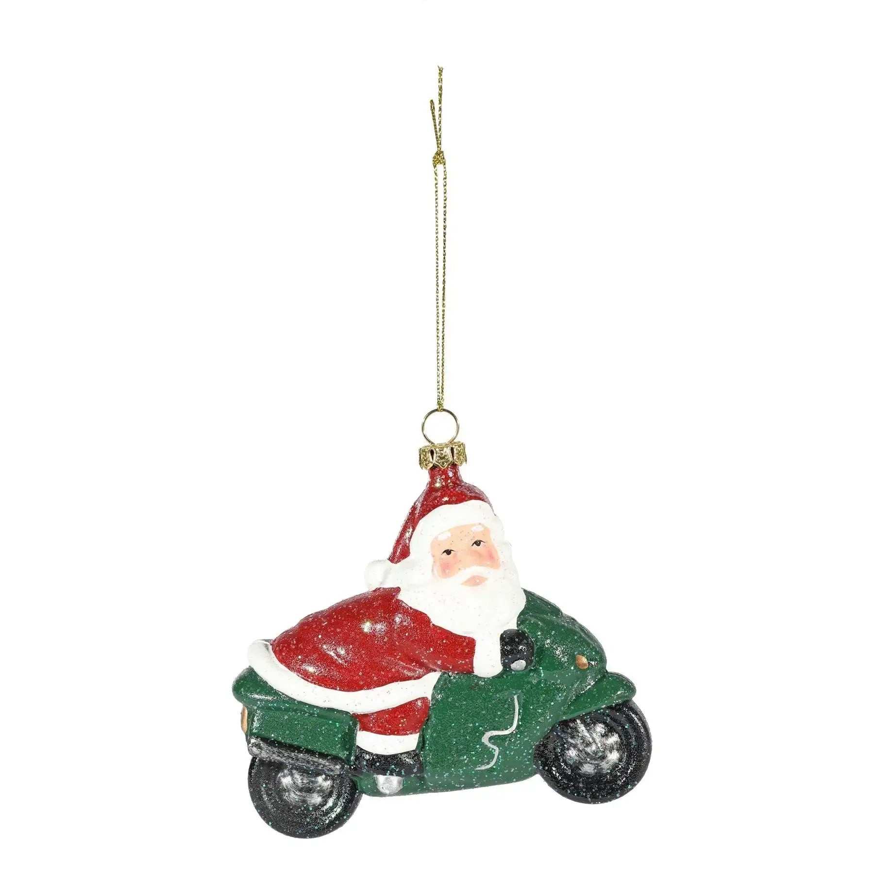 Santa Claus riding green scooter Christmas tree ornament with gold hanging string