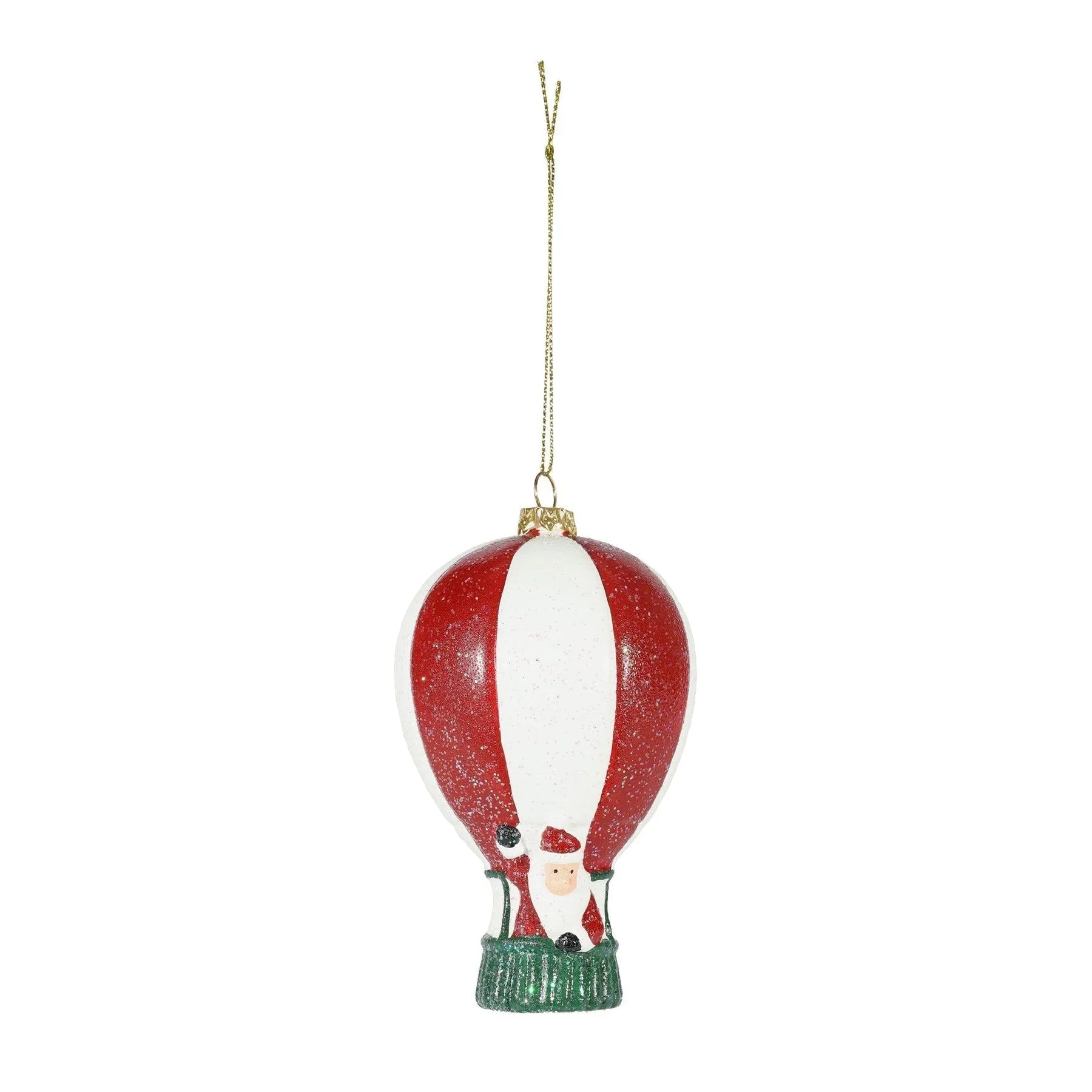 Santa Claus hot air balloon Christmas ornament with red and white glitter details