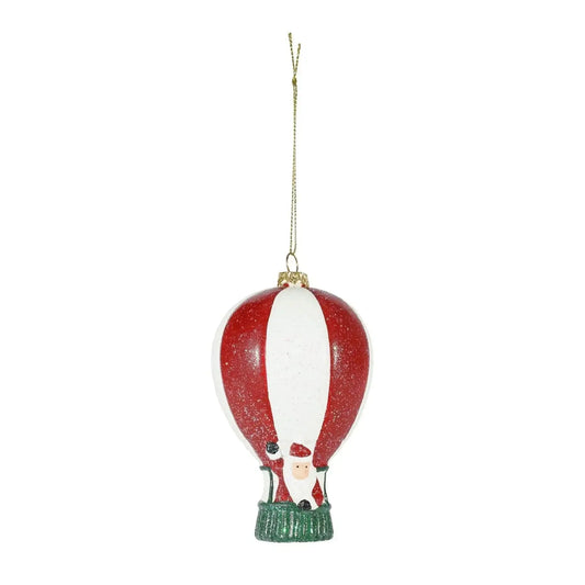 Santa Claus hot air balloon Christmas ornament with red and white glitter details