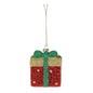 Glittery red and gold present ornament with green bow for holiday décor