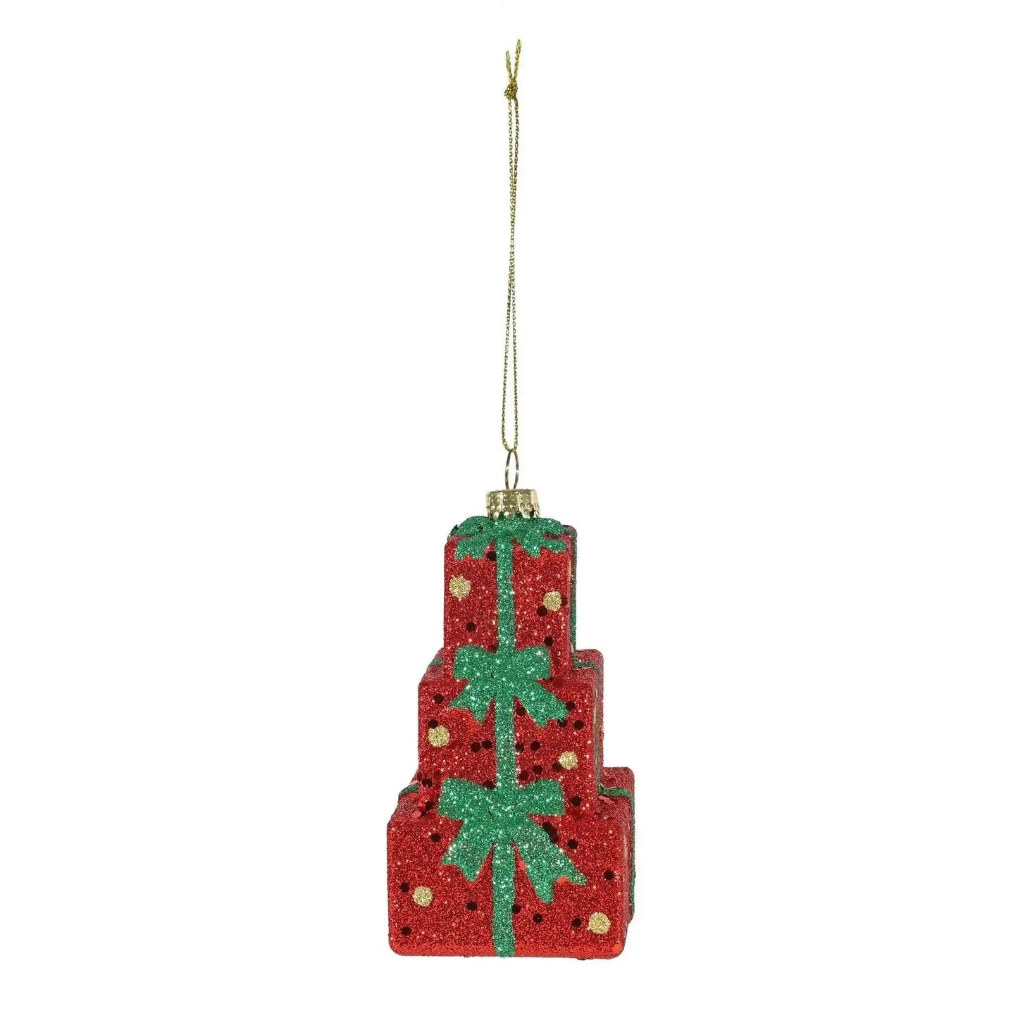 Sparkly red and green stacked gift box ornament with gold accents for holiday décor