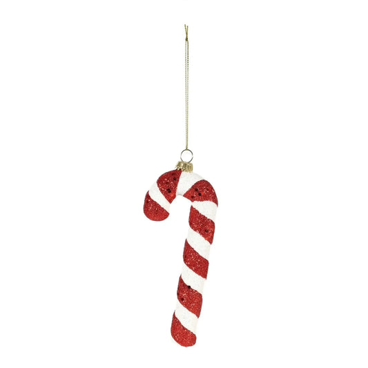 Red and white glitter candy cane ornament with gold hanging string for holiday decor