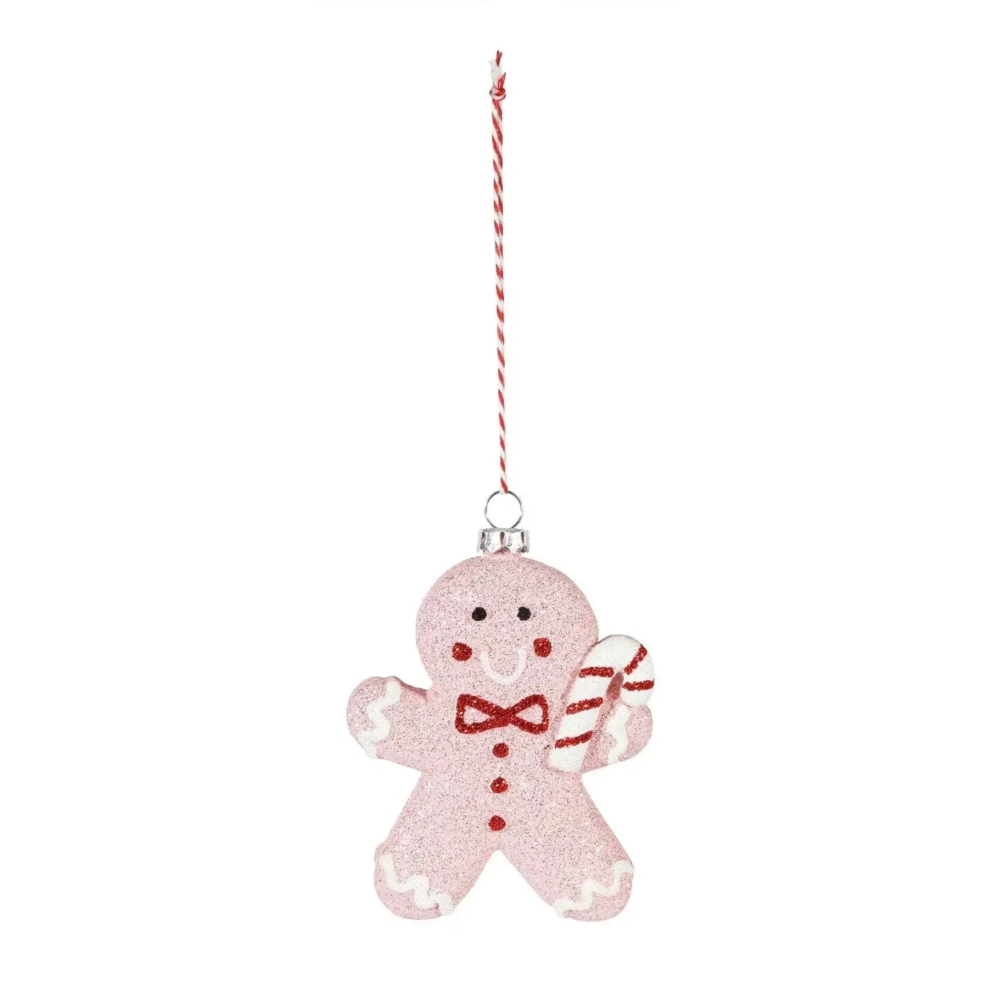 Glittery pink gingerbread man Christmas ornament holding a candy cane
