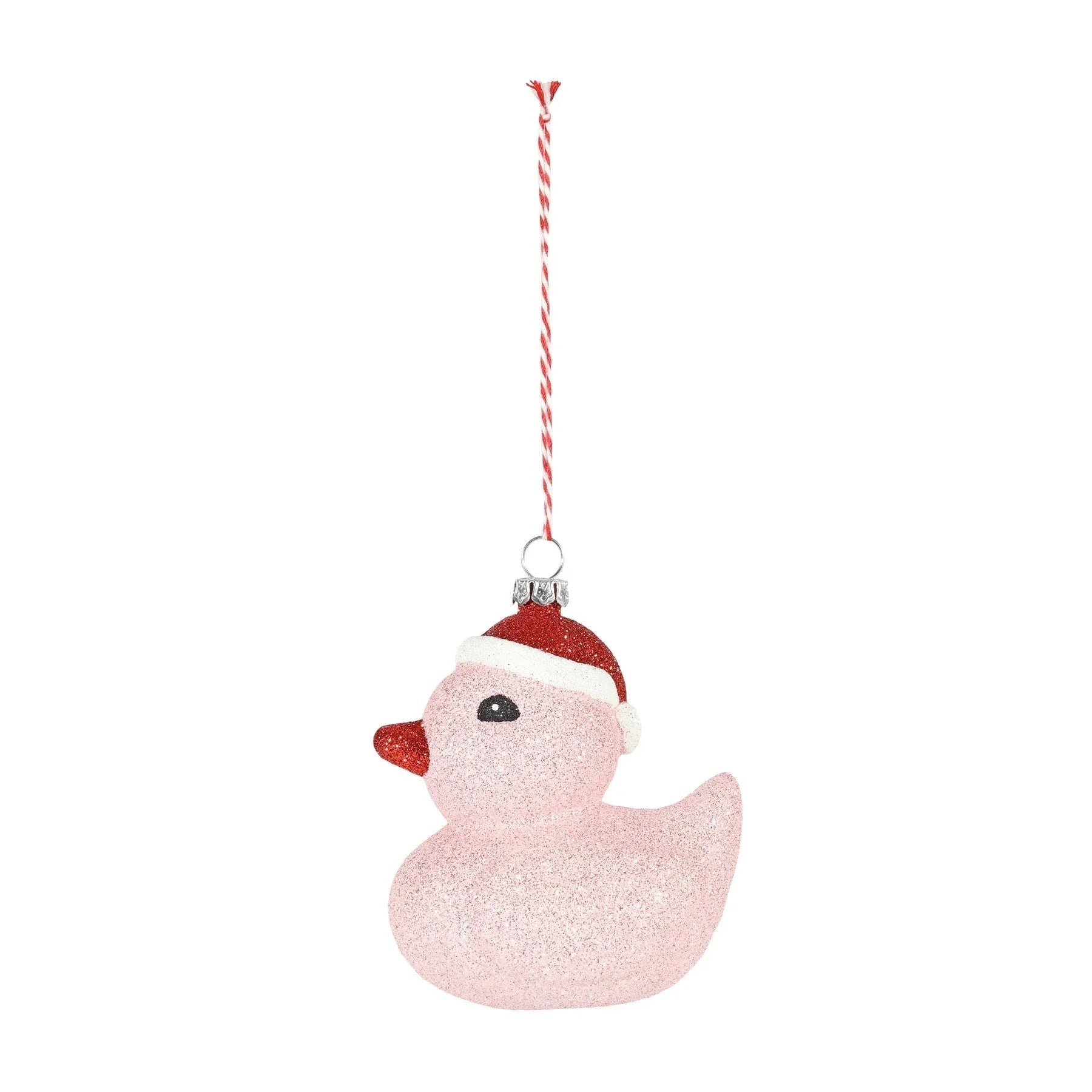 Pink glitter duck Christmas tree ornament with red Santa hat and hanging twine