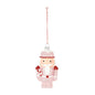 Pink glitter nutcracker Christmas tree ornament with red accents and striped hanging string