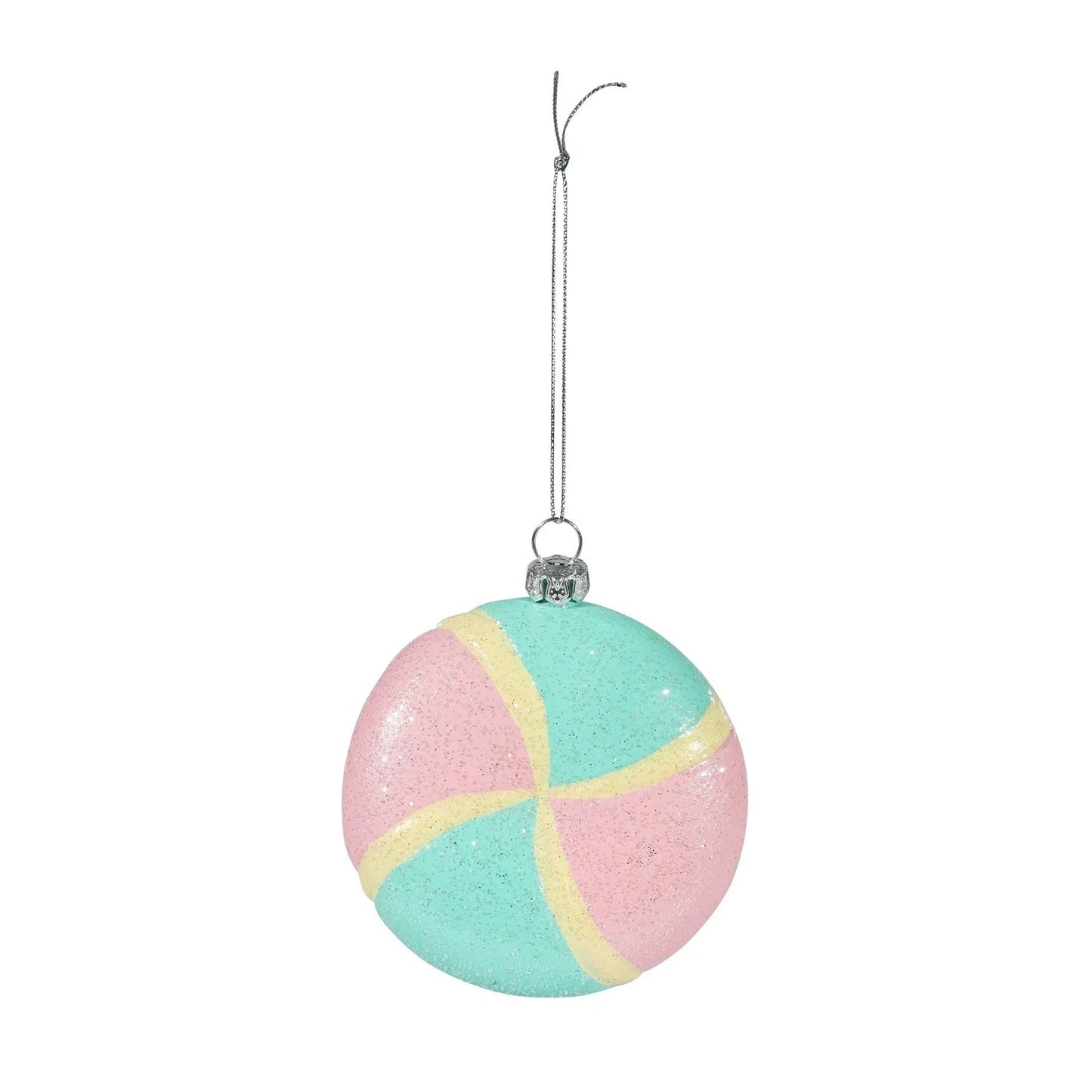 Pastel pink, blue, and yellow glitter swirl ornament for festive home decor celebrations