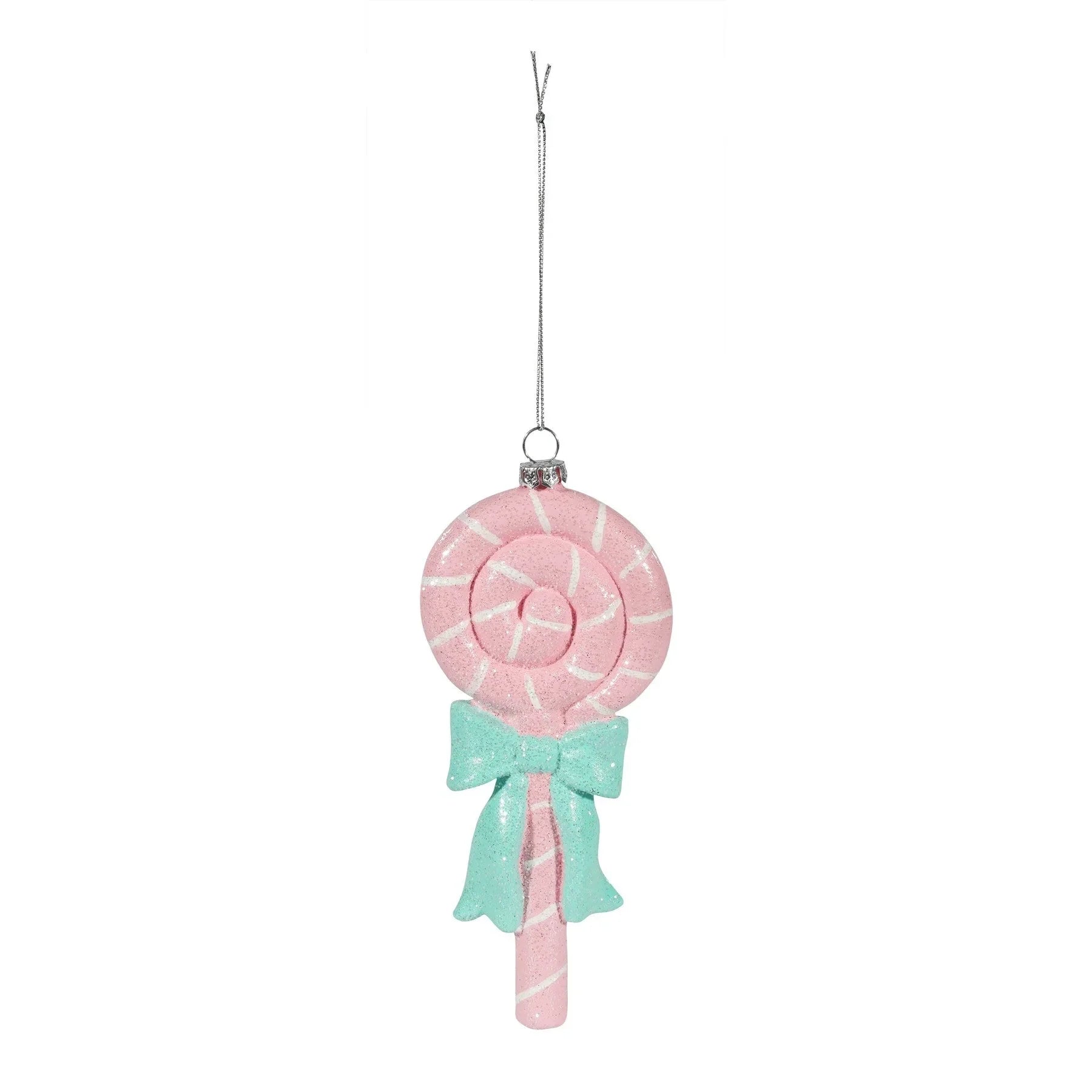 Pink lollipop ornament with mint green bow, glitter details, and hanging string on white background