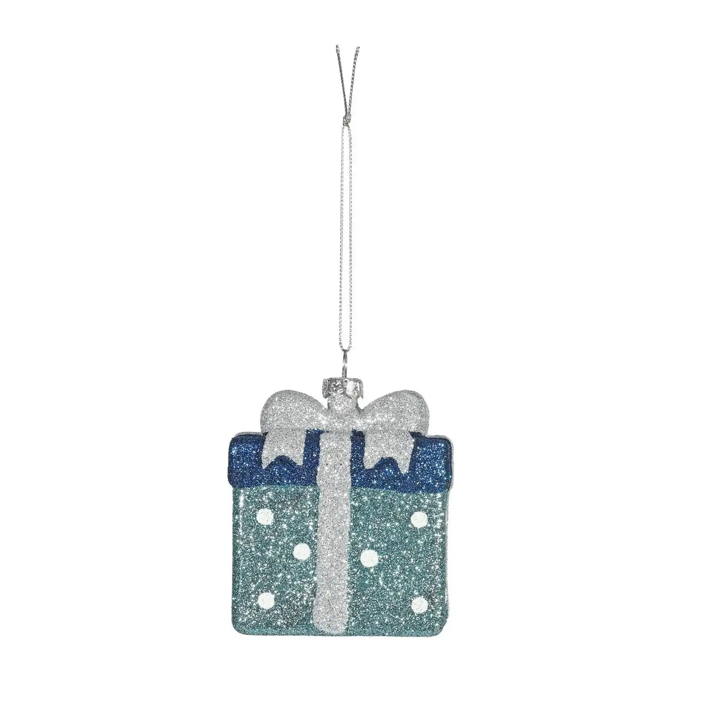 Glittery gift box ornament with silver ribbon, blue lid, and white polka dots for home décor