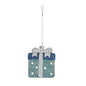 Glittery gift box ornament with silver ribbon, blue lid, and white polka dots for home décor