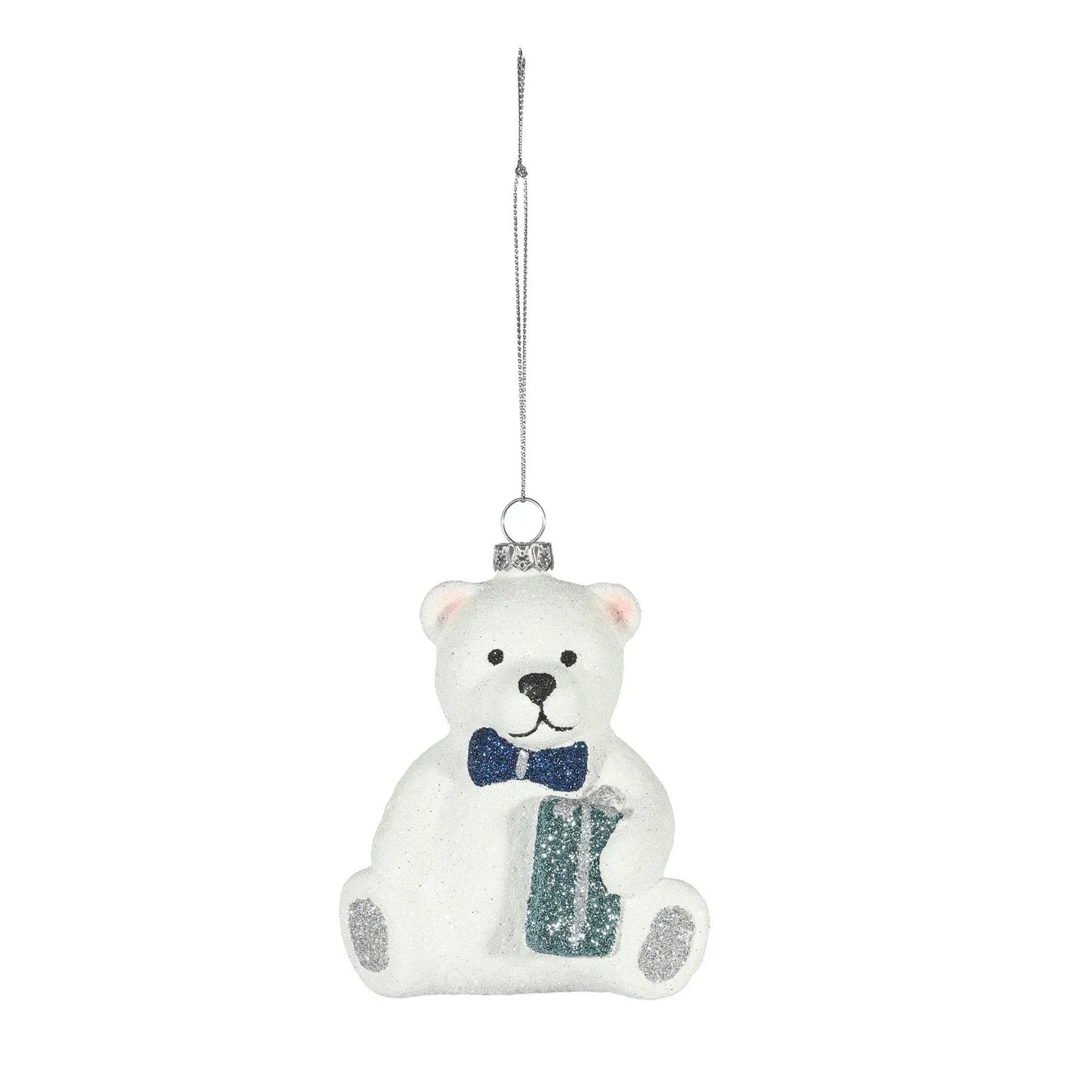 Glittery white bear ornament with blue bow tie and gift, hanging for holiday decor