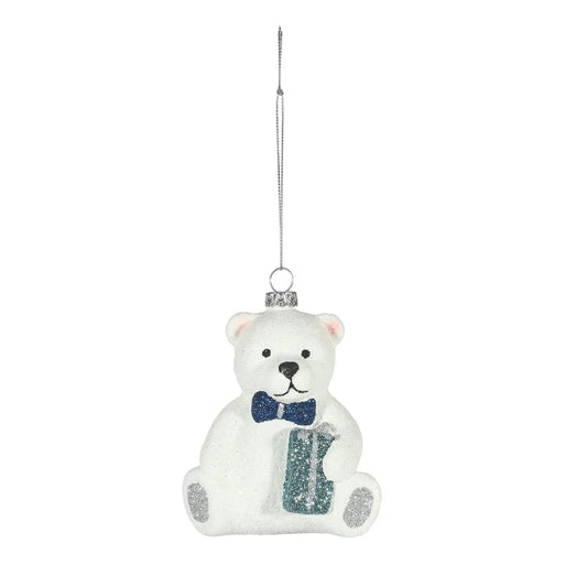 Glittery white bear ornament with blue bow tie and gift, hanging for holiday decor