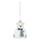 Glittery white bear ornament with blue bow tie and gift, hanging for holiday decor
