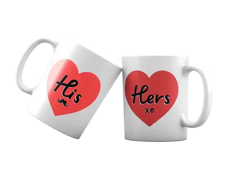 His and Hers white ceramic mugs with red heart designs, perfect couple gift idea