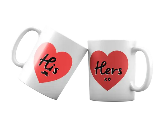 His and Hers white ceramic mugs with red heart designs, perfect couple gift idea