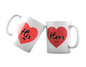 His and Hers white ceramic mugs with red heart designs, perfect couple gift idea