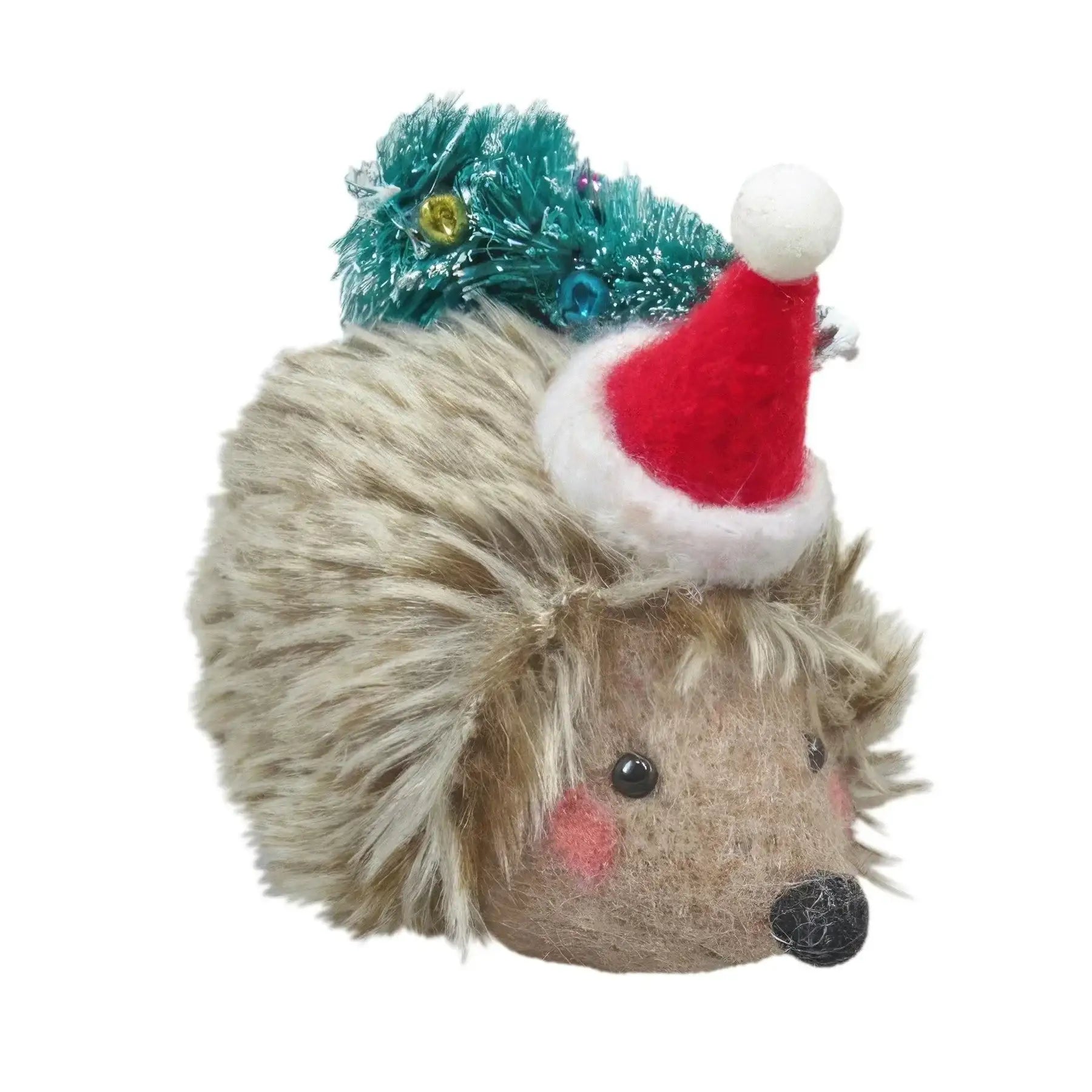 Plush hedgehog Christmas decoration with Santa hat and festive tree