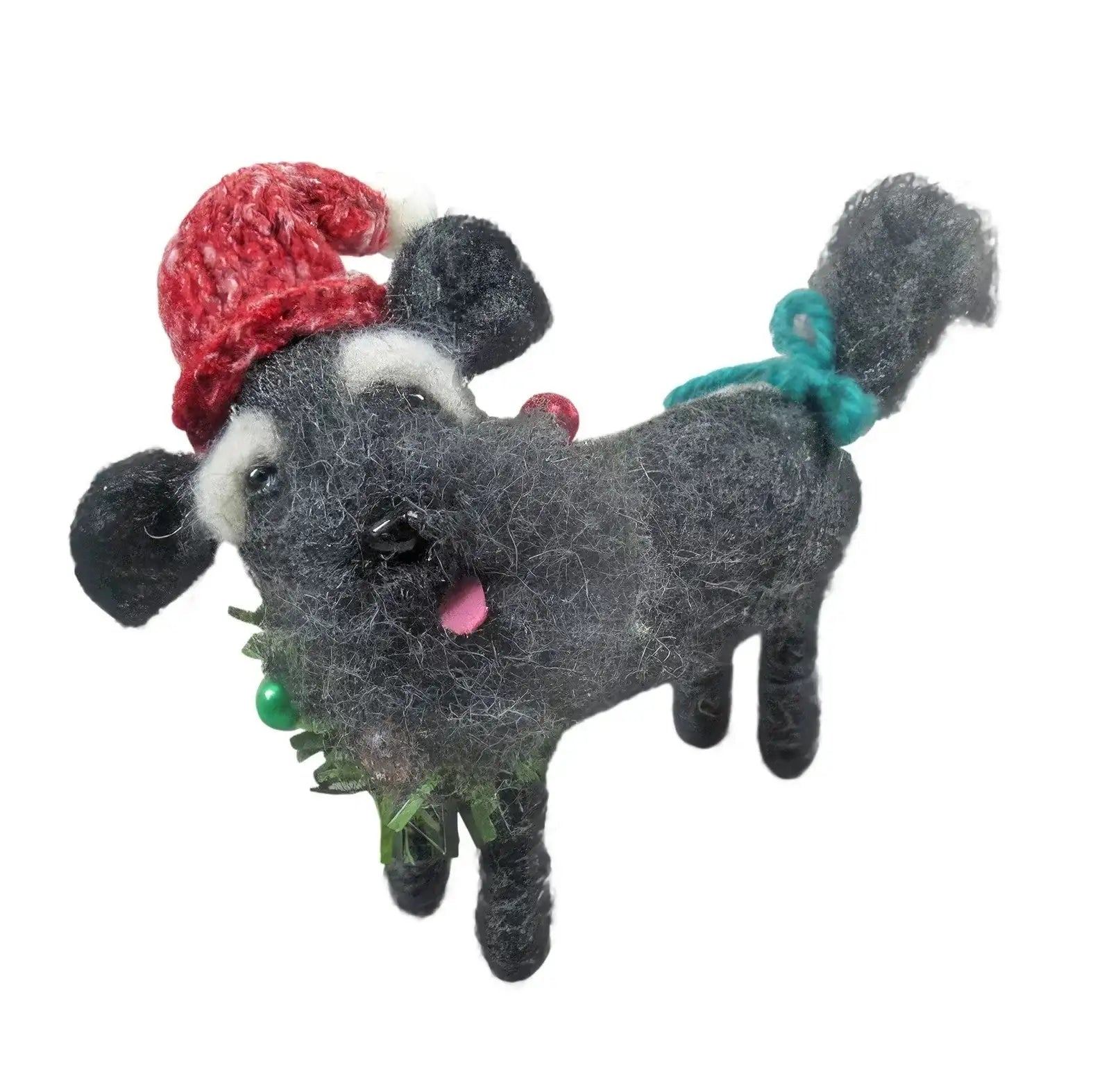 Festive felt dog ornament with red Santa hat and holiday collar decoration