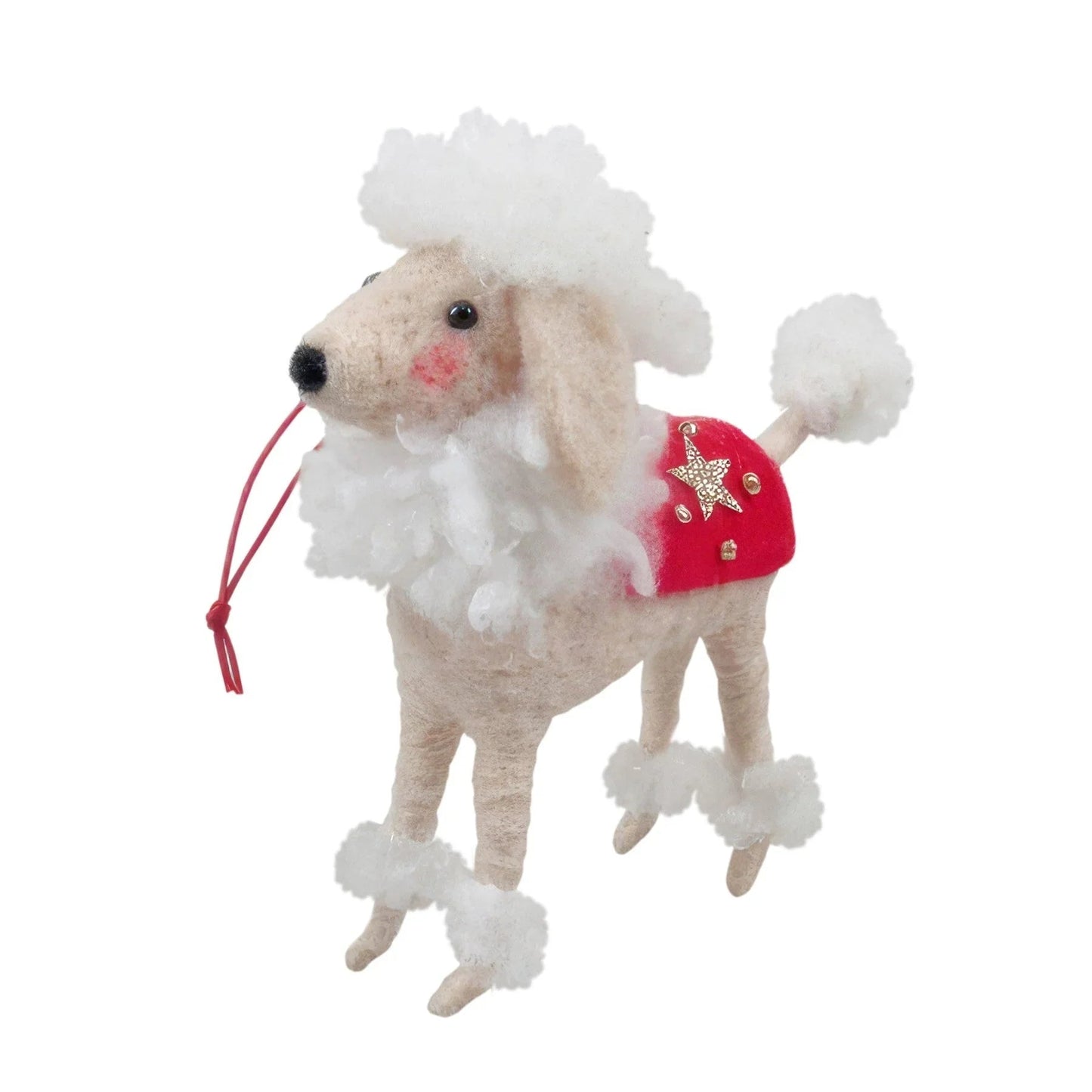 Felt poodle Christmas ornament with red star coat, fluffy white fur, festive home décor