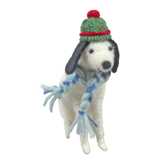 Felt dog ornament with green knit hat and blue scarf, festive home décor gift
