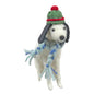 Felt dog ornament with green knit hat and blue scarf, festive home décor gift