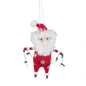 Santa Claus hanging ornament holding colorful Christmas lights, festive holiday decor