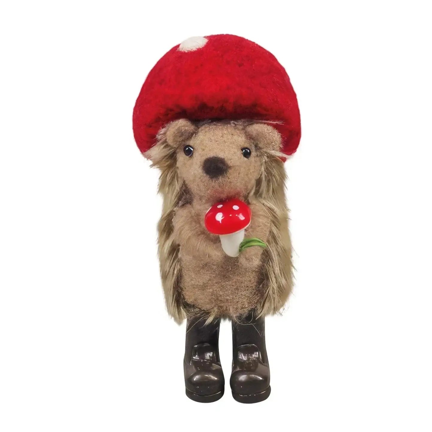 Plush hedgehog figurine with red mushroom hat, holding mushroom, wearing black boots