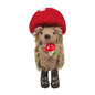 Plush hedgehog figurine with red mushroom hat, holding mushroom, wearing black boots