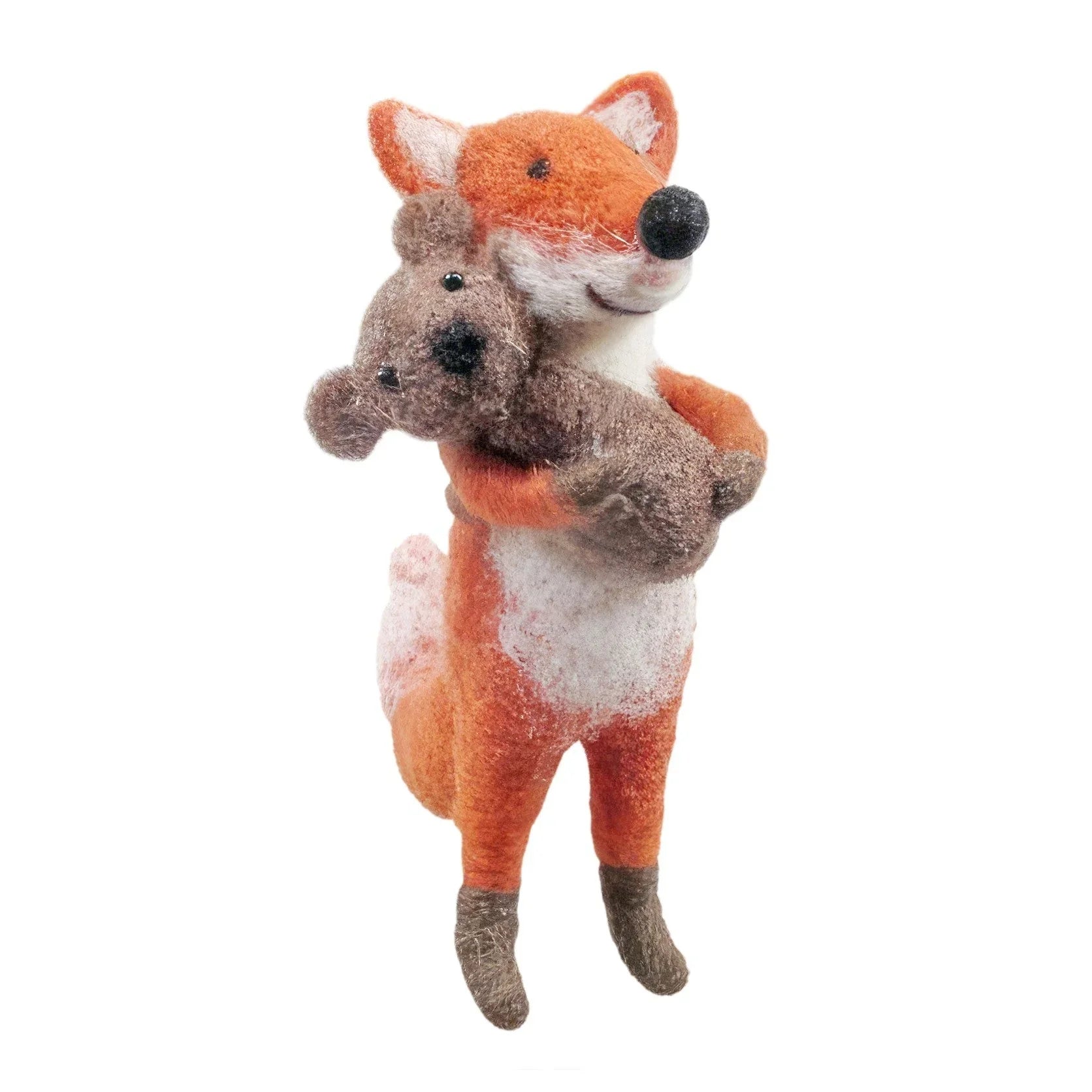 Felt fox plush toy hugging a small brown bear, cute animal home décor gift