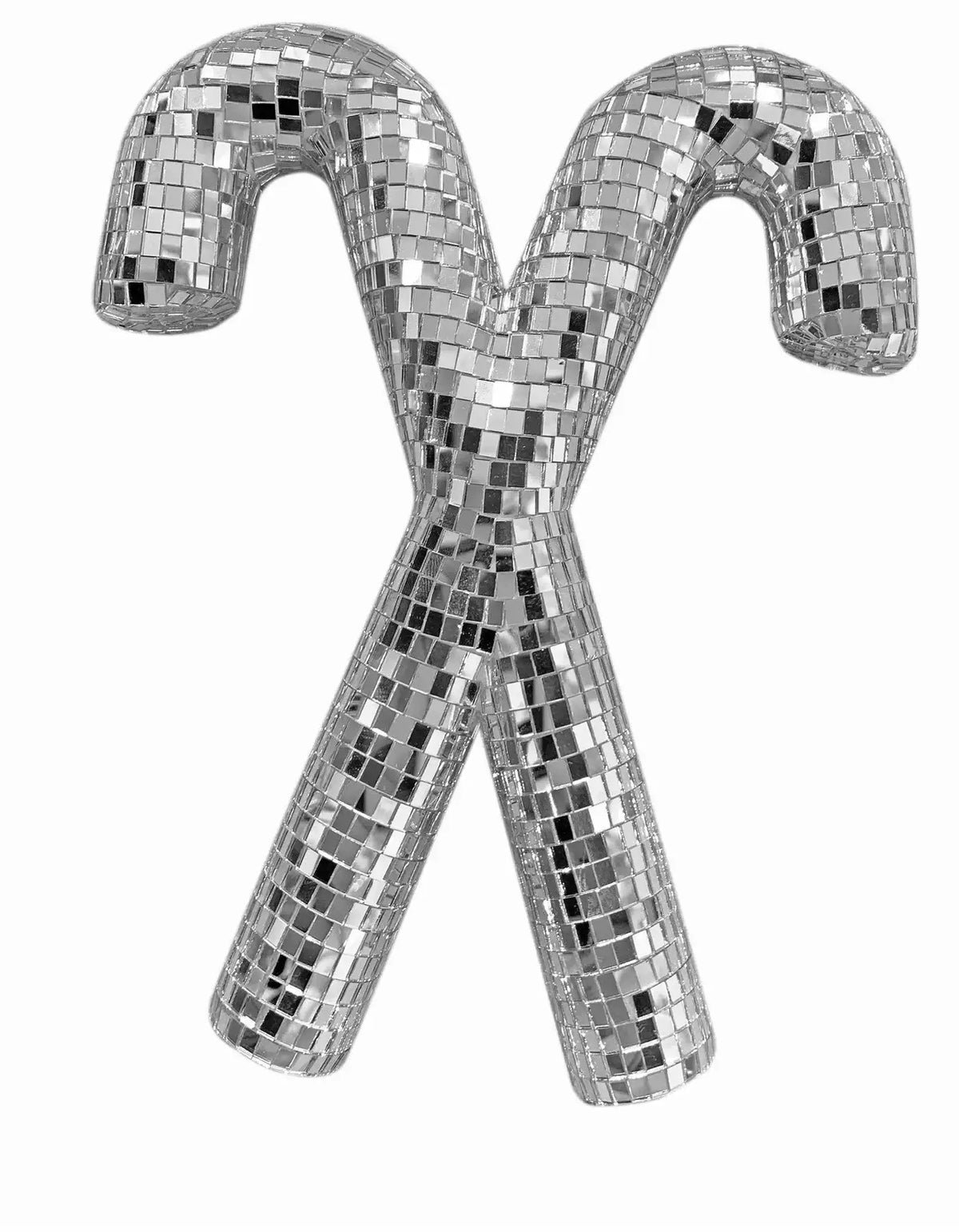 Silver mirrored mosaic candy cane decor in crossed design on white background