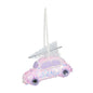 Sparkly pink car ornament with white bottle brush tree on roof, hanging holiday decor