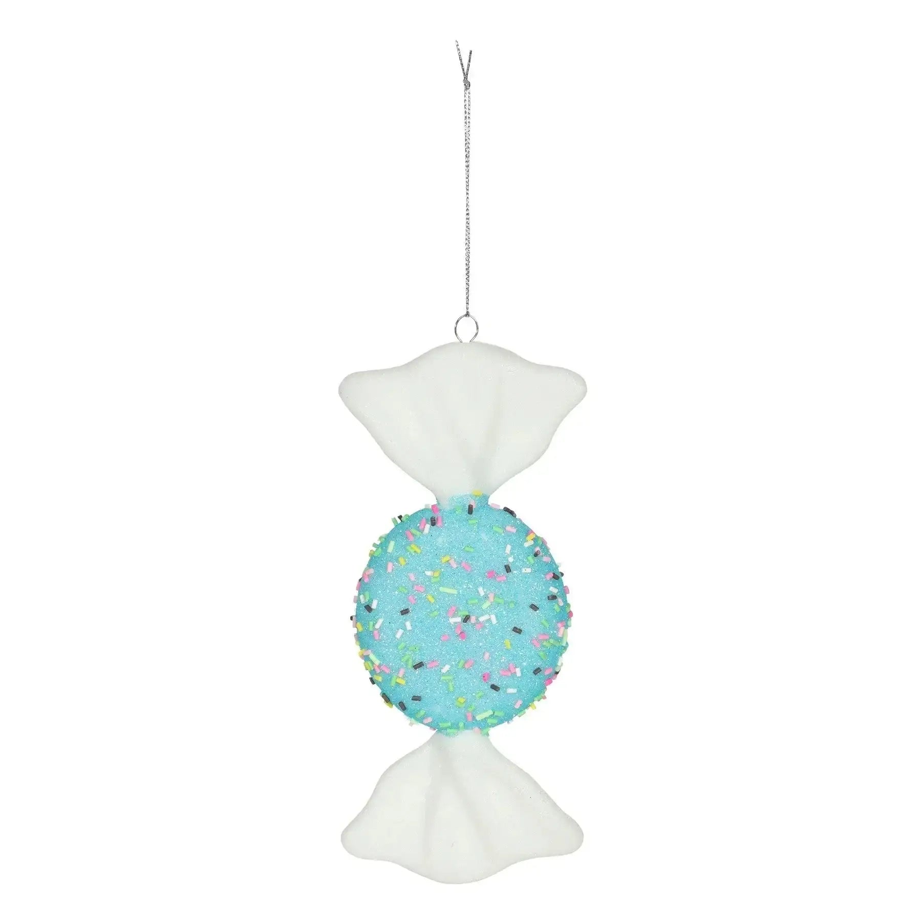 Blue candy ornament with sprinkles and white ends, hanging decoration for celebrations