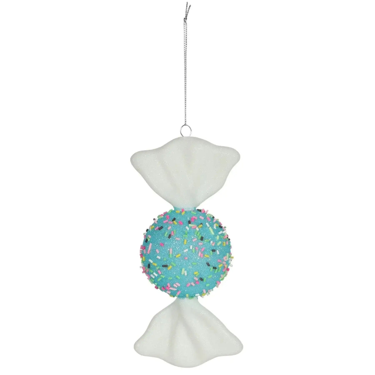Blue candy ornament with white ends and colorful sprinkles, hanging by a silver string