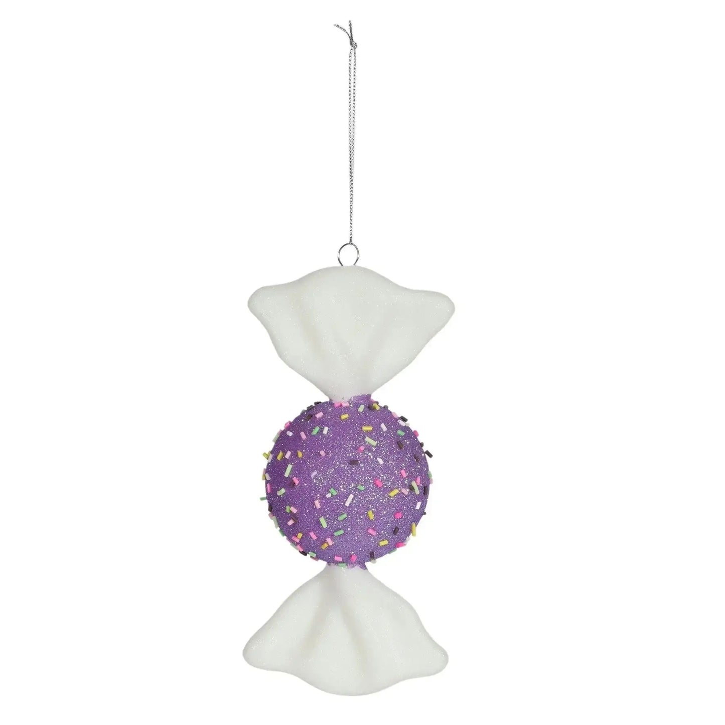 Purple candy ornament with white ends and colorful sprinkles, hanging on a string