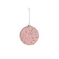 Pink Christmas ornament with colorful sprinkles and hanging silver string on white background