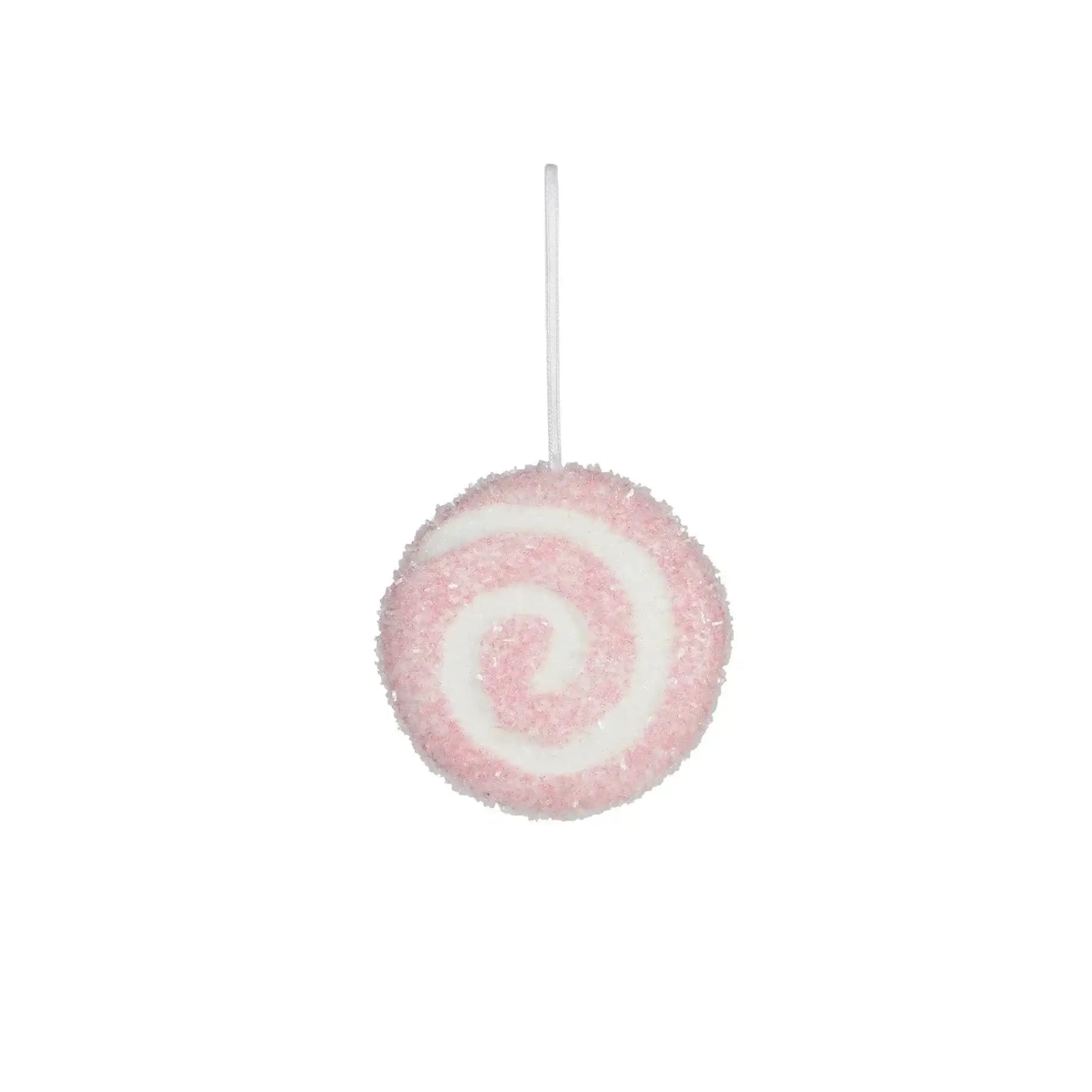 Pink and white spiral lollipop ornament with hanging loop, festive home décor accent