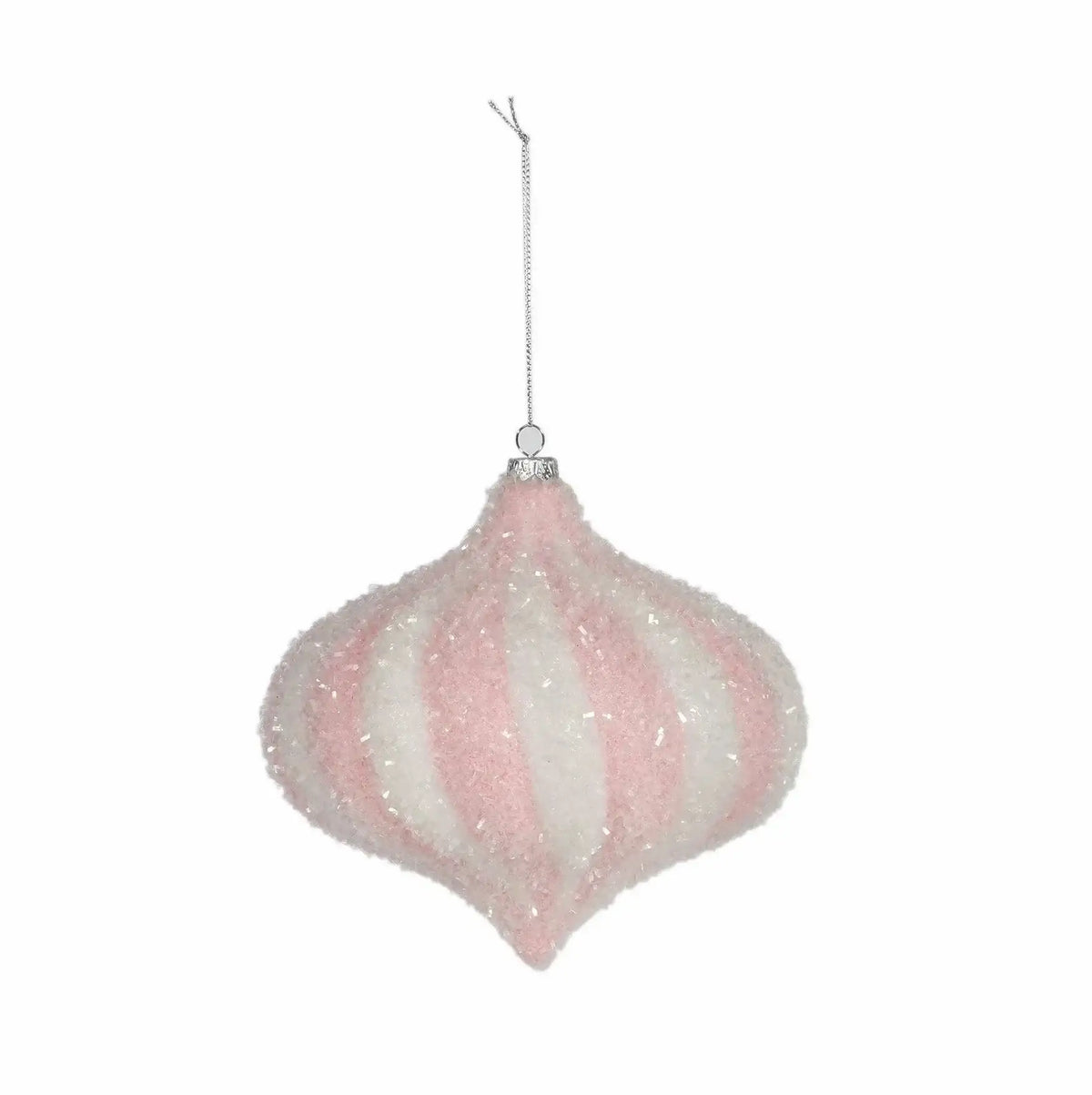 Pink and white glittered Christmas ornament with a vintage shape and hanging silver string