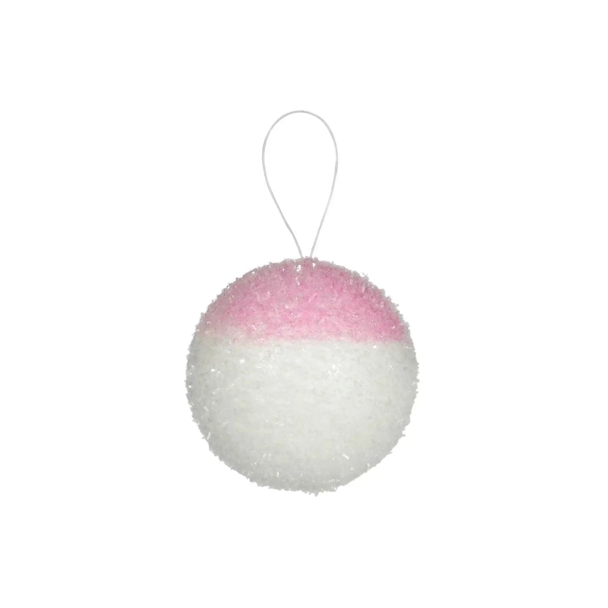 Frosted pink and white Christmas ornament ball with hanging loop on white background
