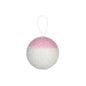 Frosted pink and white Christmas ornament ball with hanging loop on white background