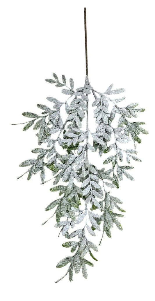 Frosted artificial greenery spray with glitter leaves, winter holiday home décor accent